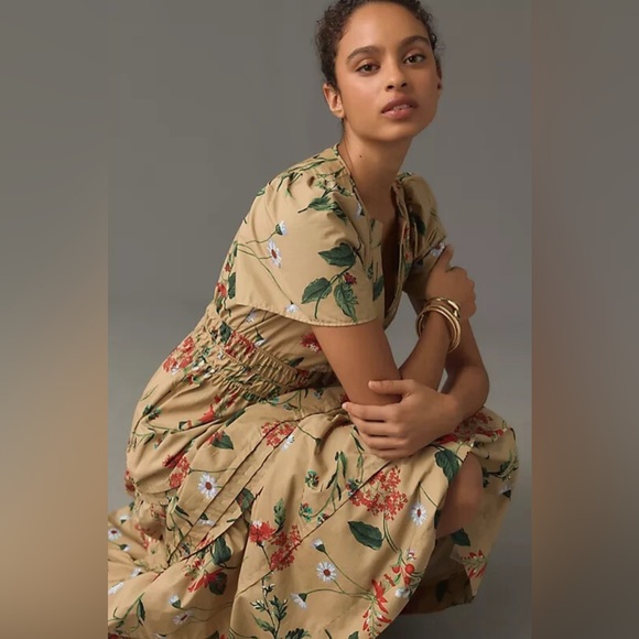Anthropologie Somerset Dress 🌸 Size M • Floral Maxi Cotton 🌿 Tan Red Print - Picture 2 of 16